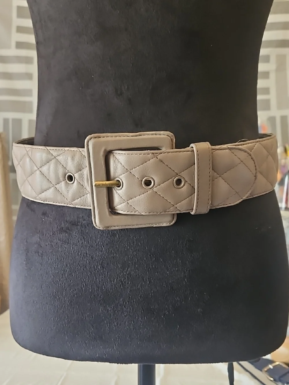 Talbots Quilted Taupe Wide Belt with Square Buckle